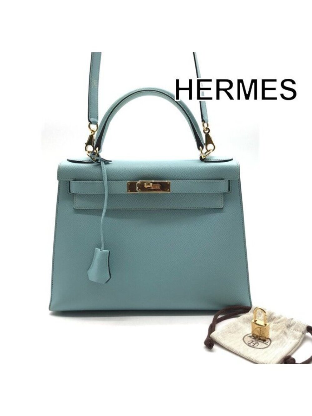 Hermes Kelly 28 Sellier Veau Epsom Blue Atoll Gold 2-Way Bag